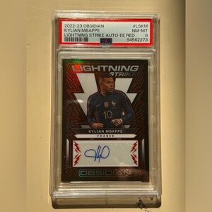 2022 Obsidian Kylian Mbappe Lightning Strike Elec Etch Red Auto /25 PSA 8